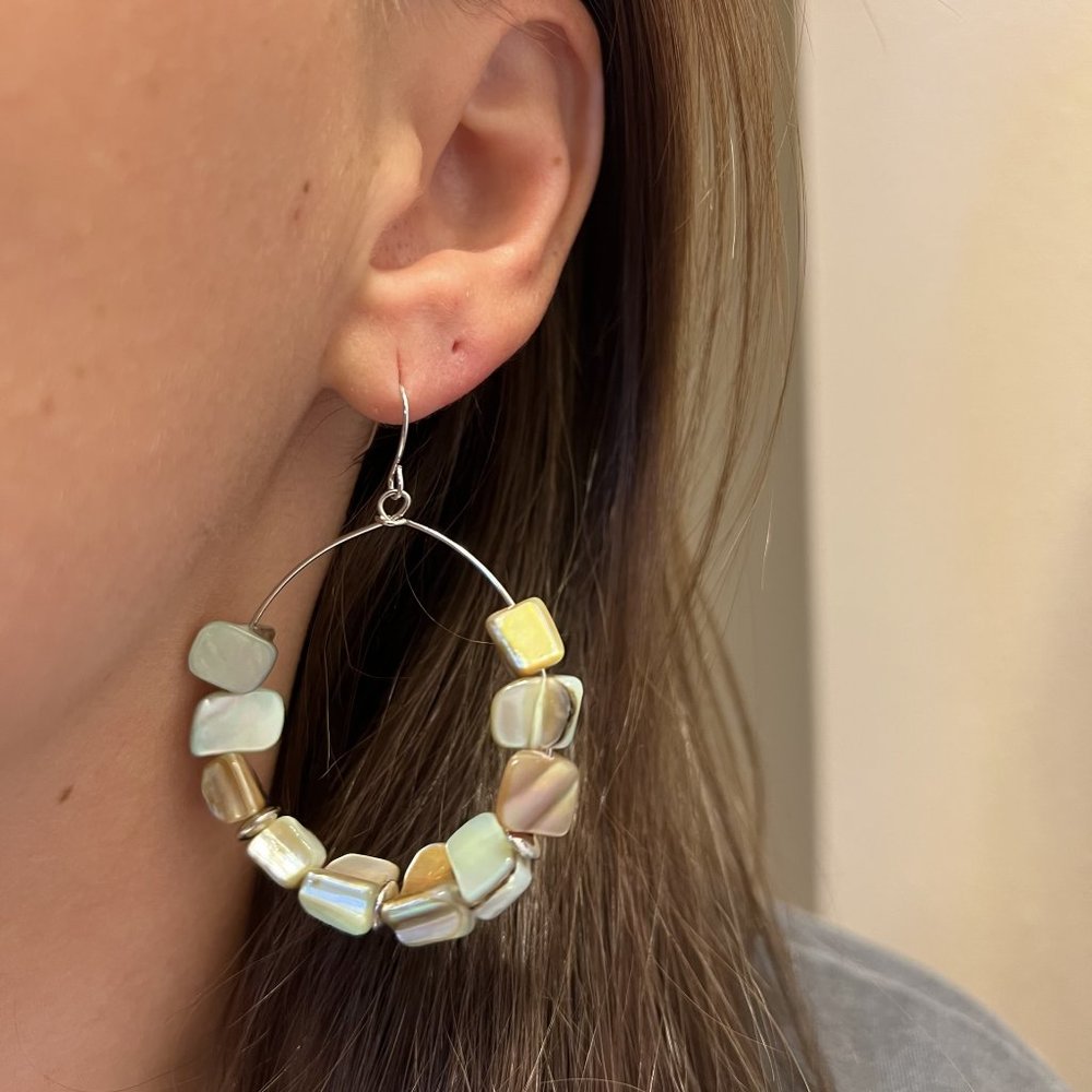 Bohemian Ivory & Brown Abalone Shell Beaded Dangle Hoop Earrings NEW - Picture 2 of 4